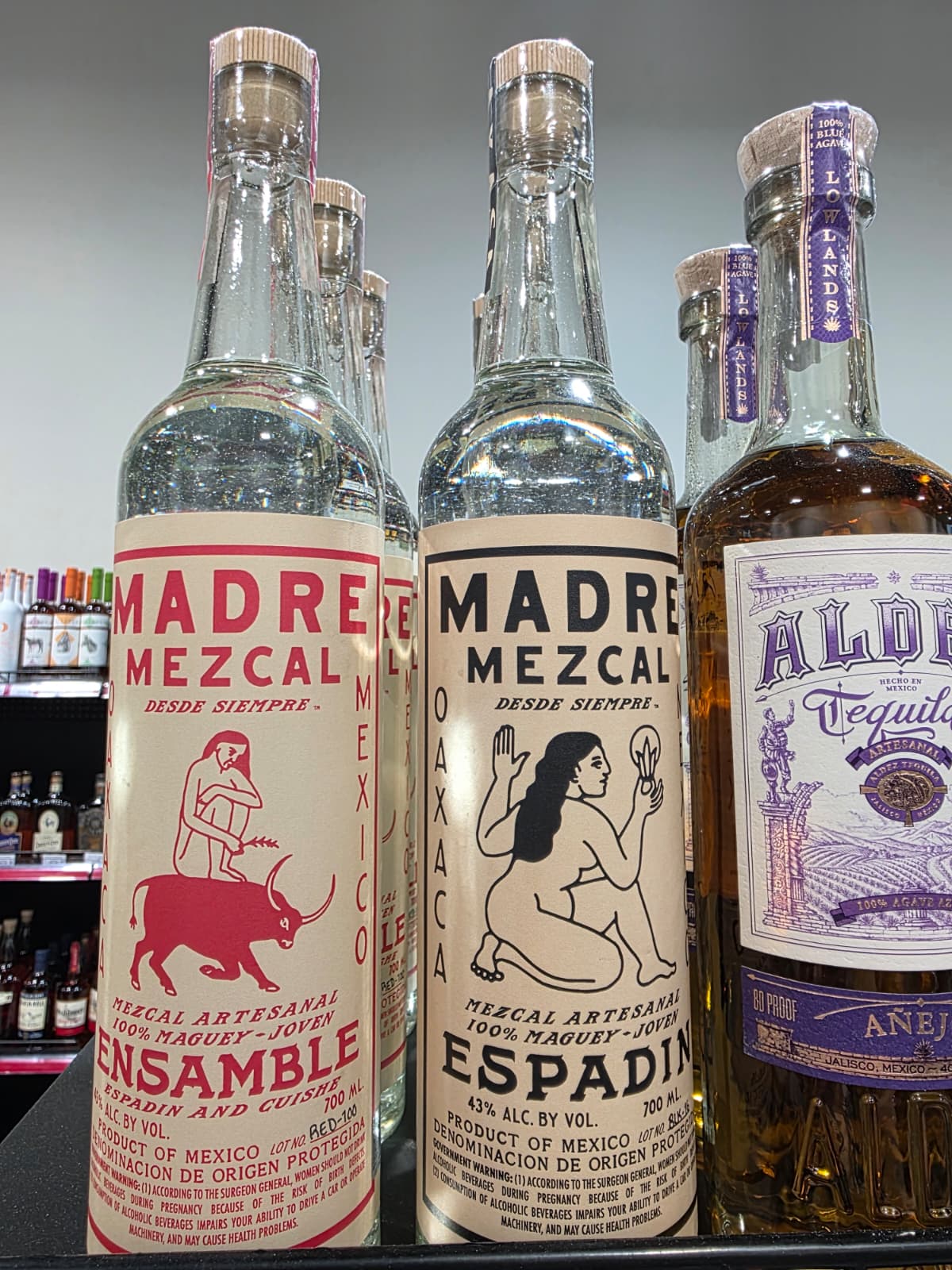 Madre Mezcal Ensamble and Espadin beside Valdez Tequila Artesanal