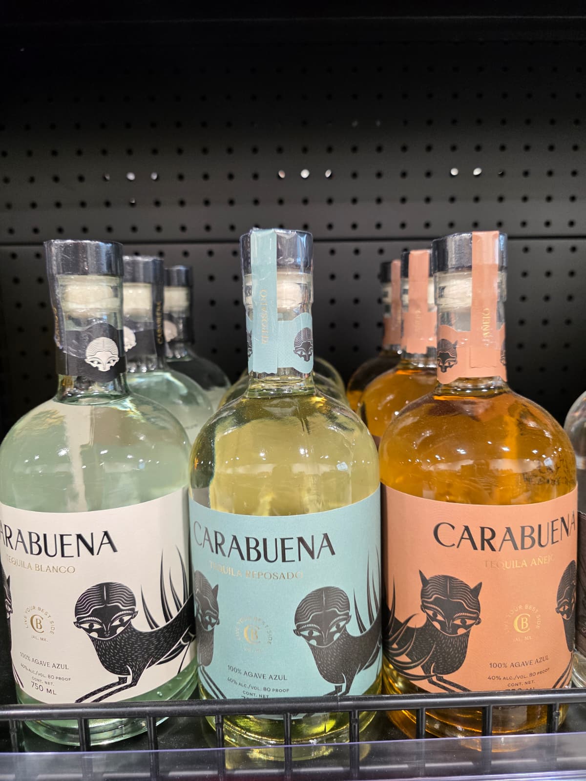 Carabuena Tequila Blanco, Reposado and Añejo bottles